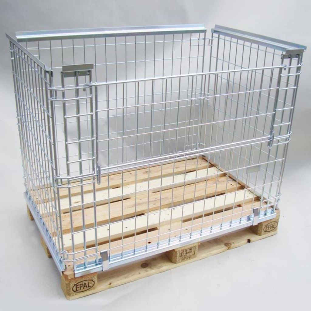 Gitteraufsatzrahmen Verzinkt – 1000 Mm Nutzhöhe, 1200x800 Mm, Für Europaletten, 2. Wahl, Klappbar, Mit Klappe, Drahtgitter 100x100x3,8 Mm, Rohrrahmen 22x1,8 Mm, Stapelbar