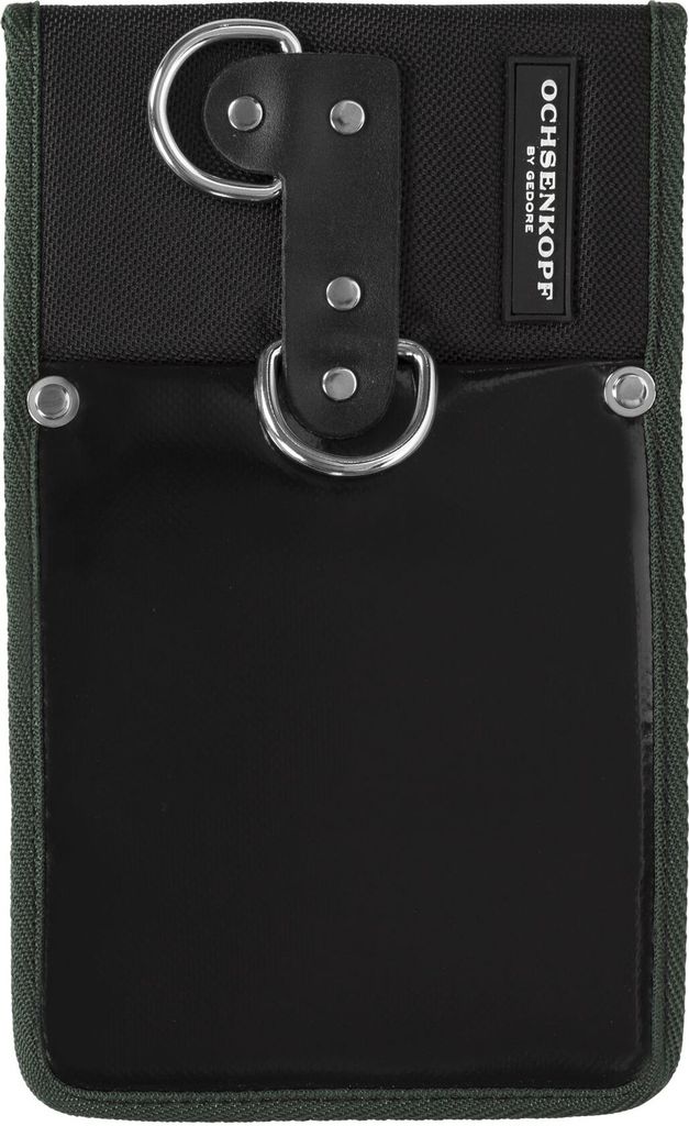A close-up view of a tool holder with metal rings and a leather-like panel.