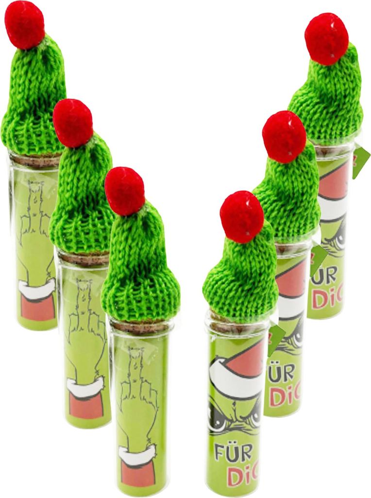 6 x Witzige Geldgeschenk-Verpackung Weihnachten H 12 cm – „Festtags-Muffel“ Glasröhrchen mit grüner Zipfelmütze & Spruch Verpackung Geld W...