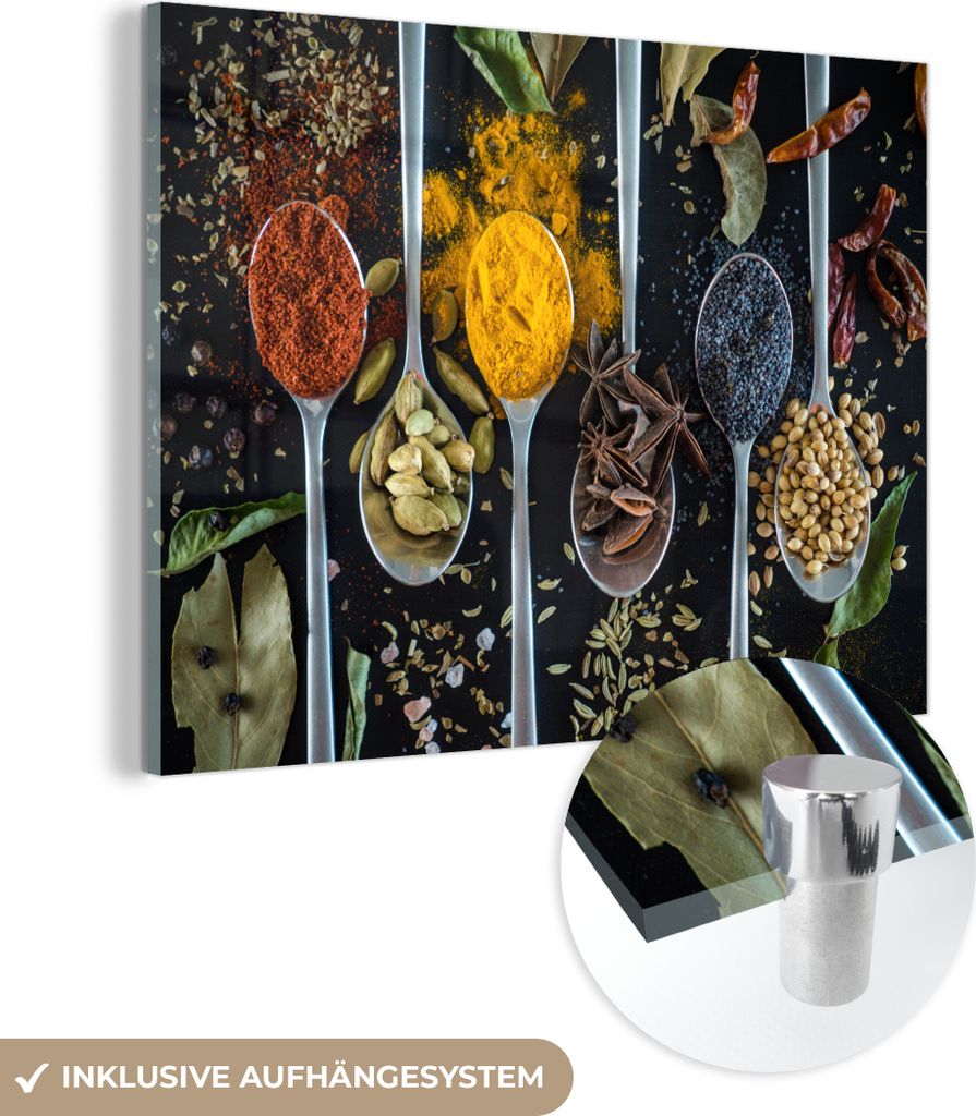 MuchoWow Glasbilder - Bilder auf Wandbild - Foto auf Glas Löffel - Gewürze - Kräuter - Lebensmittel - Tisch 80x60 cm Wanddekoration aus Glas - A...