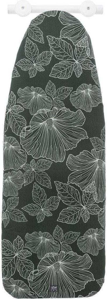A dark green ironing board cover with a white floral pattern is shown hanging from white wall mounts.