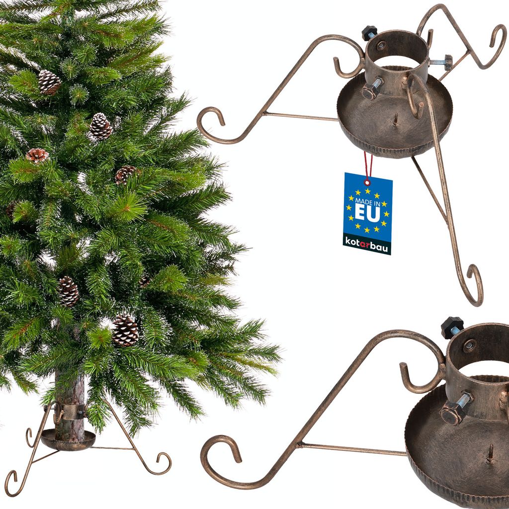 A Christmas tree stand is shown next to a decorated Christmas tree.