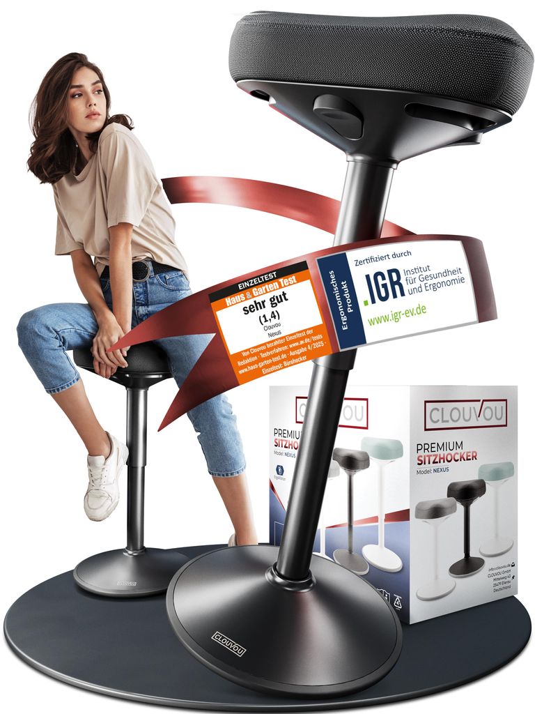 CLOUVOU Nexus ergonomische Bürohocker Schwarz - Stehhocker höhenverstellbar von 47cm bis 64cm - Ergonomischer Hocker Büro - Wackelhocker