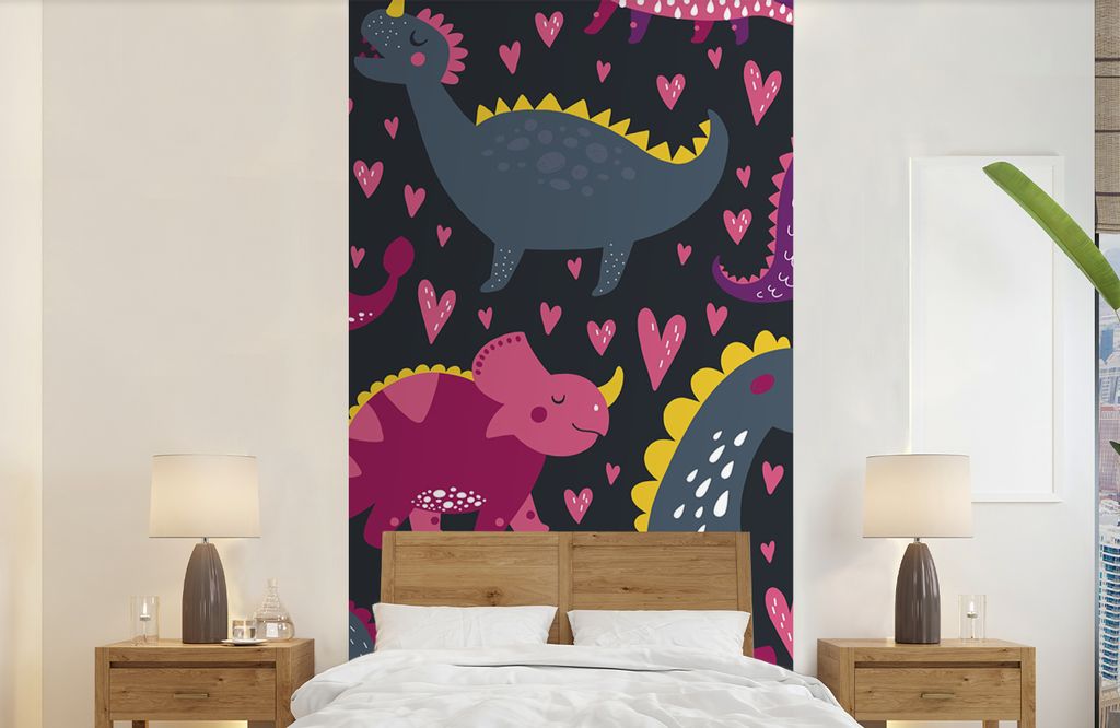 MuchoWow Fototapete für Wohnzimmer oder Schlafzimmer Wandtapete Vinyl Motivtapete Dinosaurier - Kind - Muster - Rosa - Mädchen - 120x240 cm - K...