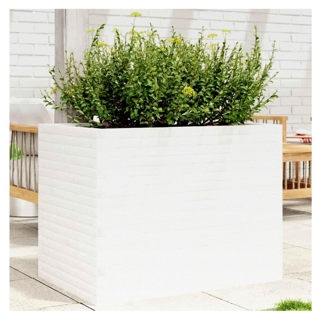Pflanzkübel Weiß 90x60x68,5 cm aus massivem Kiefernholz, Hochbeet für Balkon, Garten und Terrasse
