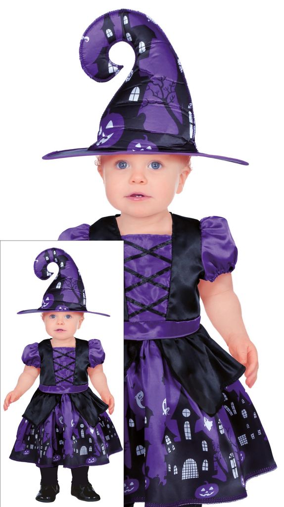 Hexe Halloween Kostüm Lila Schwarz Zauberhut Kürbis Baby Produktbild 