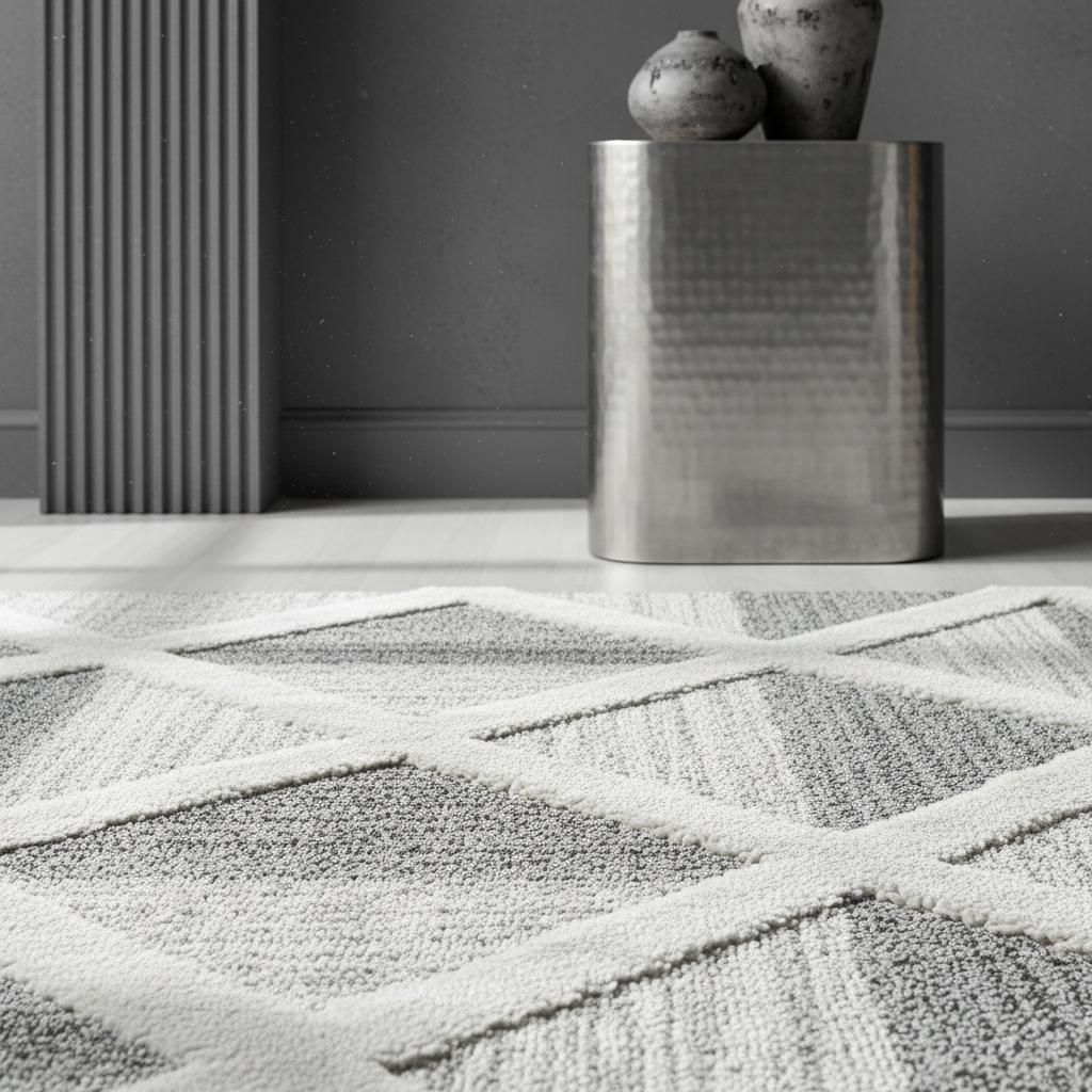 Teppich 3D Skulptur Geometrisch Zeitlos Waschbar Strapazierfähig | Grau 240x340 cm Flur Saugroboter geeignet Gekettelt | GENF – Kadima Design