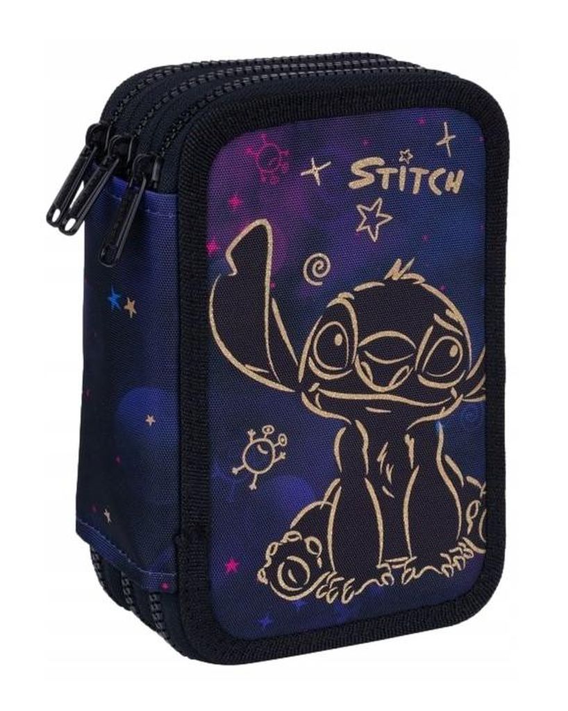 A pencil case with a Stitch design against a dark, starry background.