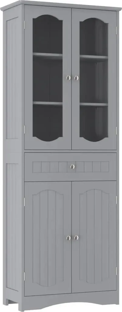 Armoire haute de salle de bain grise avec 4 portes et 1 tiroir en bois