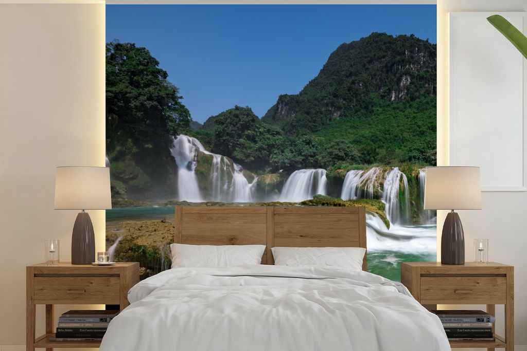 MuchoWow Fototapete für Wohnzimmer oder Schlafzimmer Wandtapete Vinyl Motivtapete Wasserfälle - Berge - Natur - 220x220 cm - Tapeten