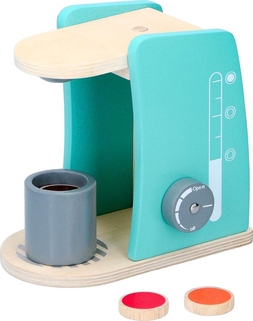 5-teiliges Holzspielzeug-Set Kaffeemaschine mit Drehknopf, aufgemalter Wasserstandskala, Becher mit 3 verschiedenen Einlagen, Holz