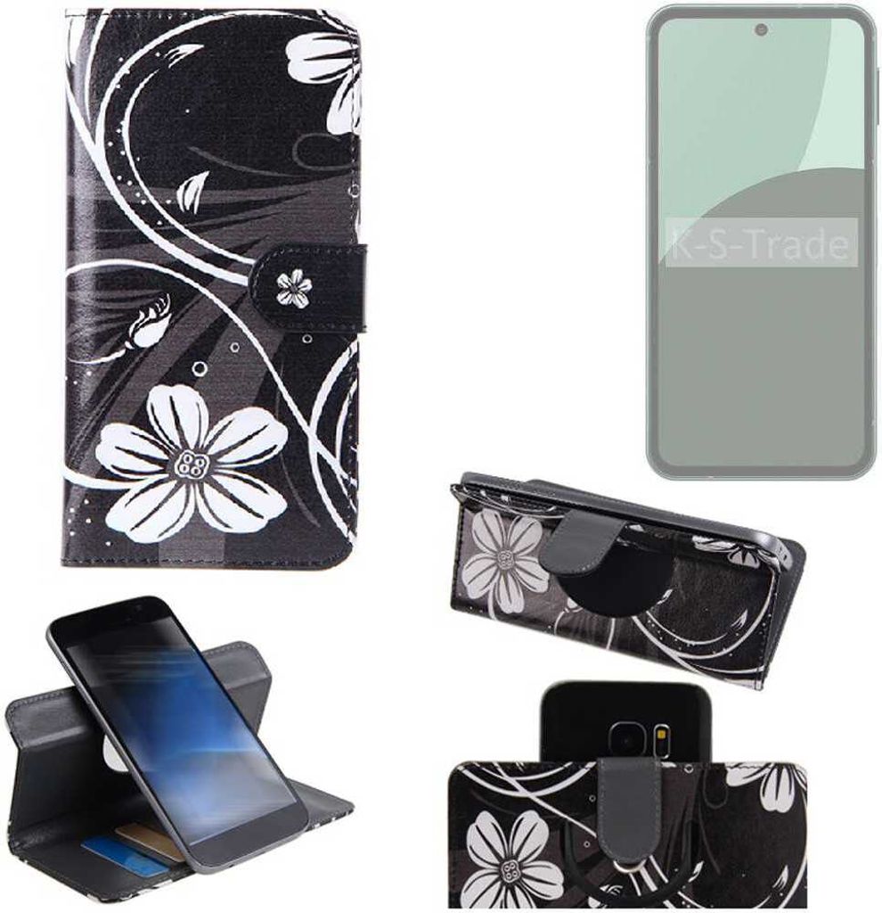 K-S-Trade Schutzhülle Handyhülle kompatibel mit Sharp Aquos Sense9 Hülle 360° Wallet Case “Flowers“ Klapphülle Hülle schwarz-weiß 1x