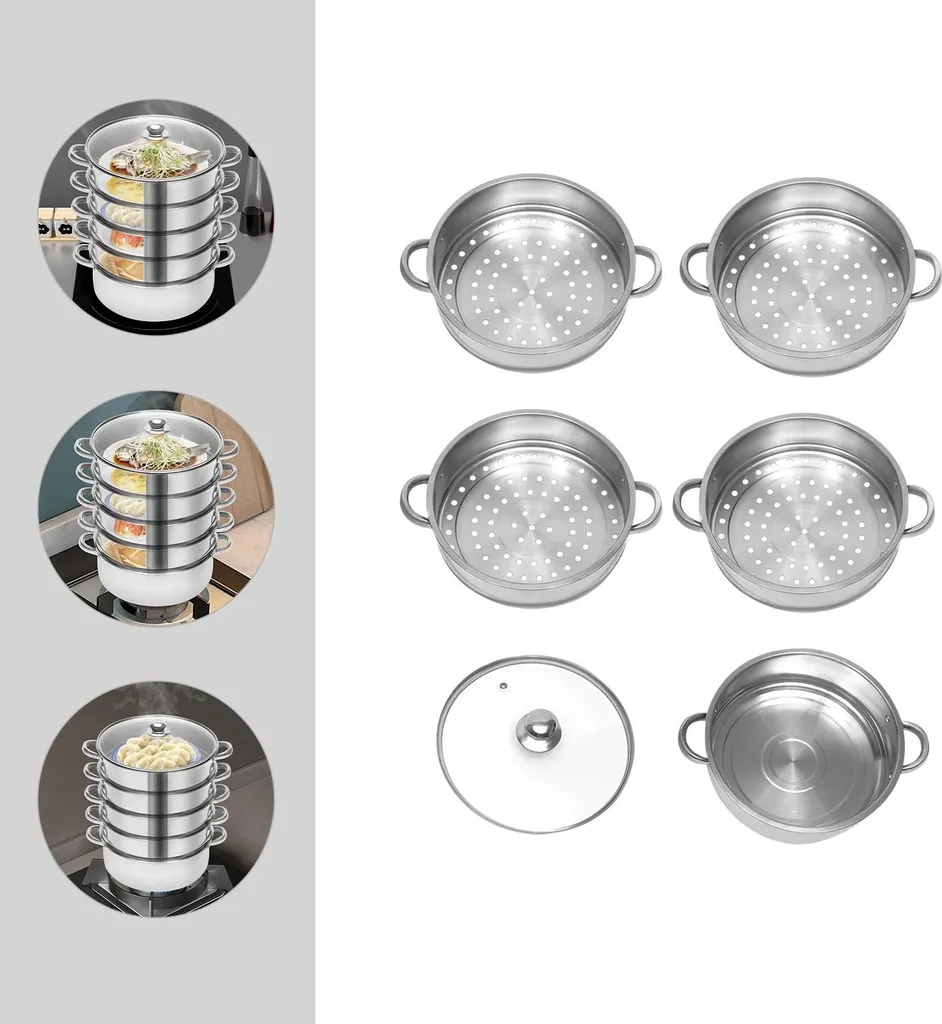 Cuiseur vapeur inox rouge 5 étages - Diamètre 30 cm facile à nettoyer