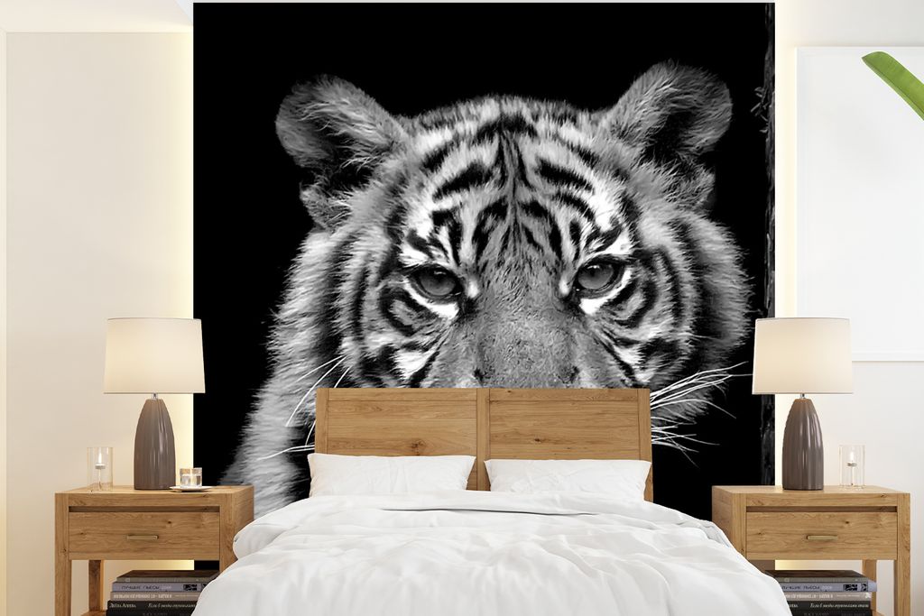 MuchoWow Fototapete für Wohnzimmer oder Schlafzimmer Wandtapete Vinyl Motivtapete Tiger - Tiere - Schwarz - Weiß - 220x240 cm - Wohnzimmer-Tapete