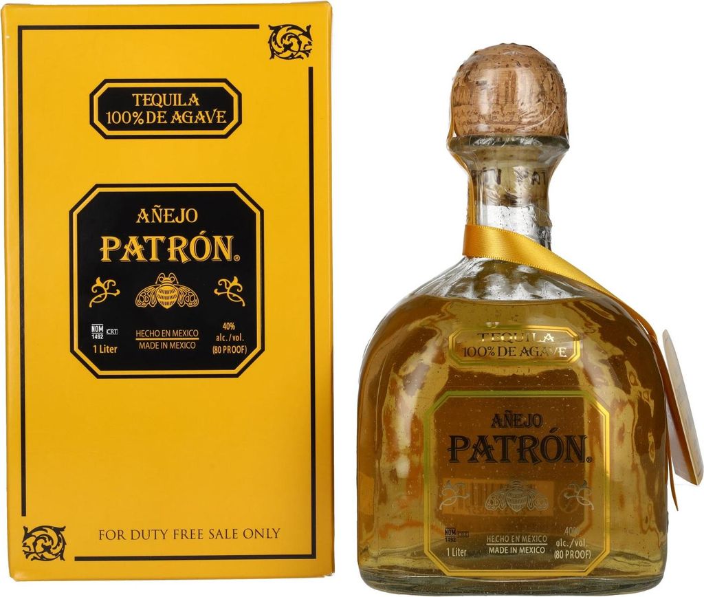 A bottle of Patrón Tequila Añejo and its gift box are shown against a white background.