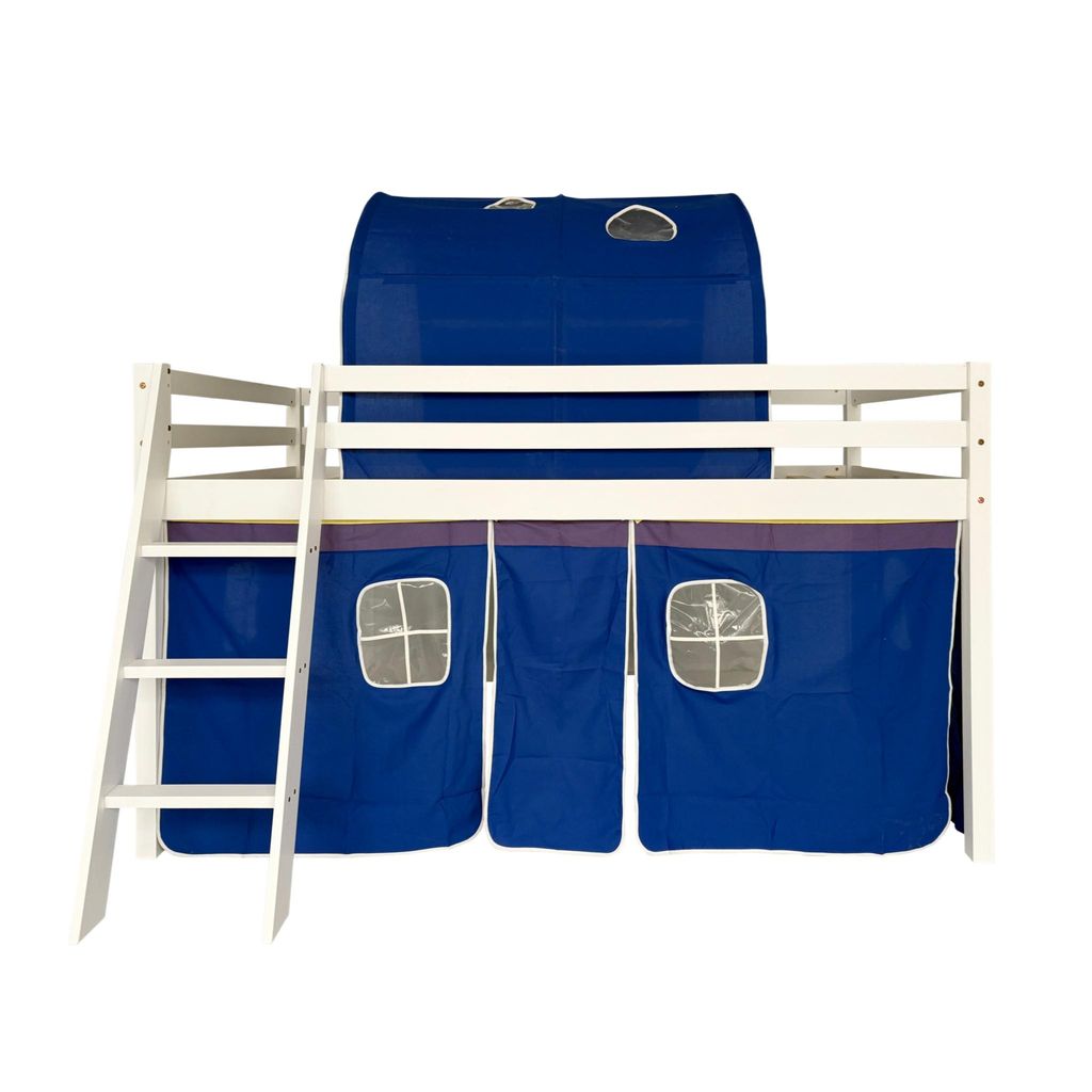 Kinder Hochbett mit Zelt 90x190 cm (ohne Matratze), Raumfahrt-Design aus weissem Kiefernholz, Spielbett mit Baumwollzelt, Schutzgelaender und Leiter