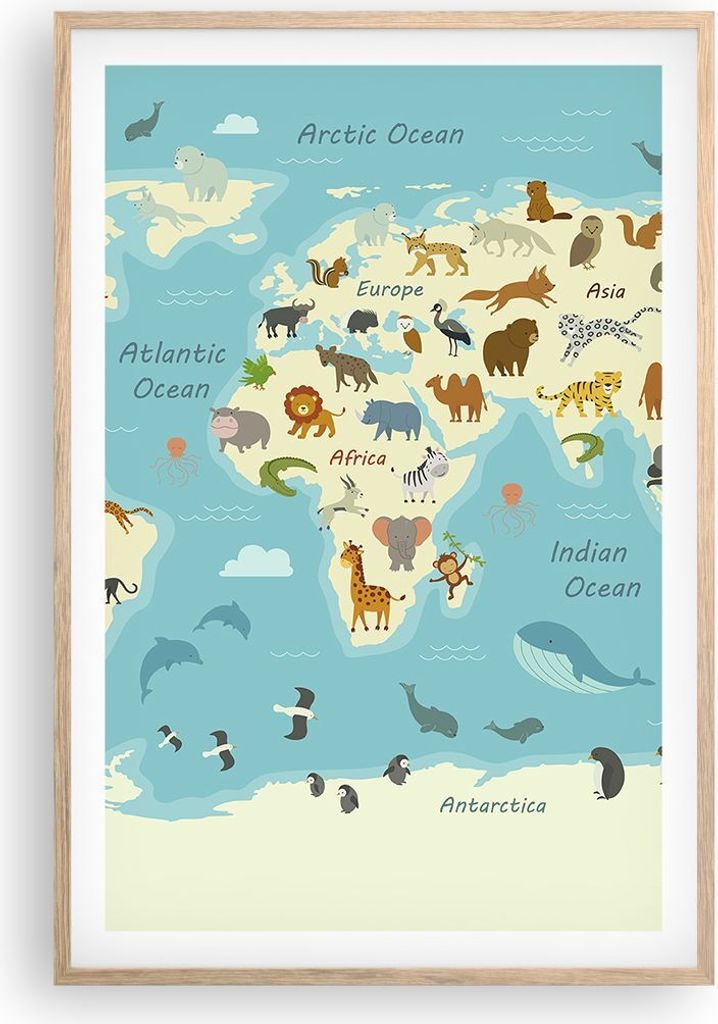 Gerahmtes Poster - Rahmen in heller Eiche - Tiere die Welt Karte - 61x91,5 cm - Wand Bild - Wanddeko - Wandbilder - Kunstposter - Wandposter - Bild...