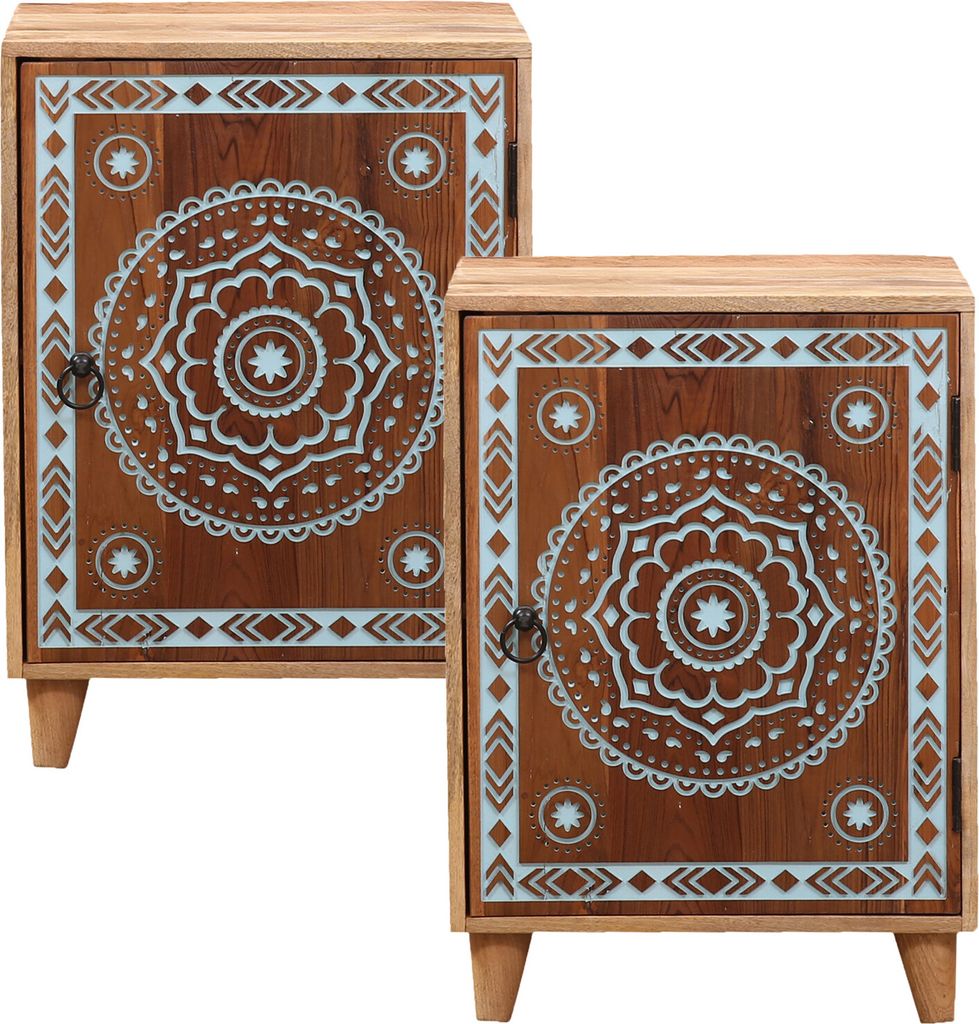 Marrakesch Boho 2er Set Nachttisch Beistelltisch aus Massivholz 70cm hoch | Kleine Kommode für Schlafzimmer oder Kinderzimmer als Orientalische M...