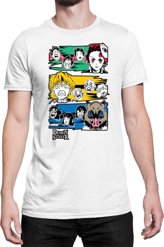 Herren T-Shirt Demon Anime Slayer Kimetsu No Yaiba Tanjiro Zenitsu Inosuke 001, Man M / Weiß