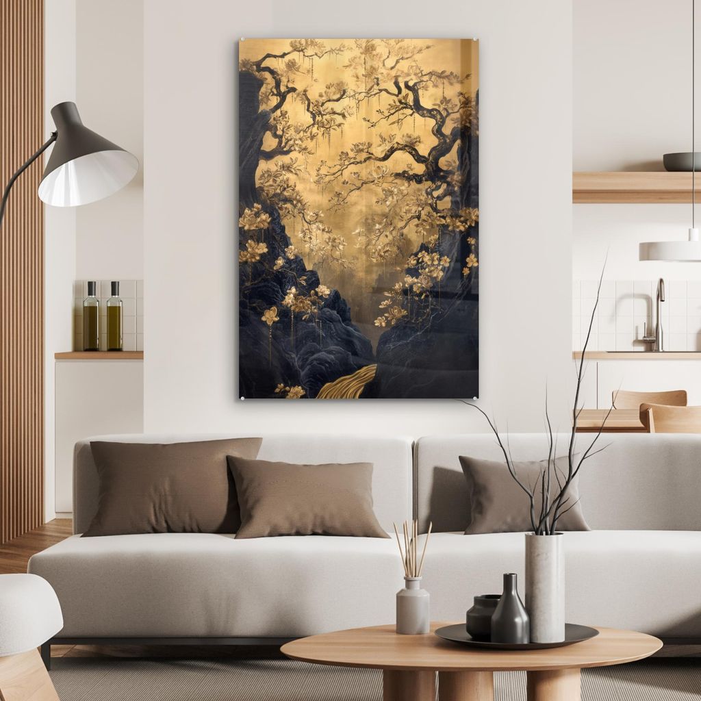 MuchoWow Glasbilder - Bilder auf Wandbild - Foto auf Glas Blumen - Zweige - Gold - Dekorativ 60x90 cm Wanddekoration aus Glas - Acrylglasbild - Acr...