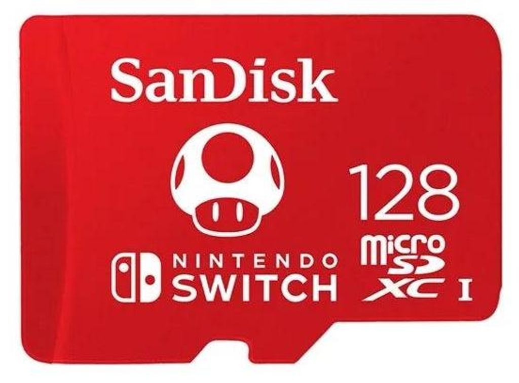 A red SanDisk MicroSDXC 128 GB memory card for Nintendo Switch, featuring a Super Mario mushroom icon.