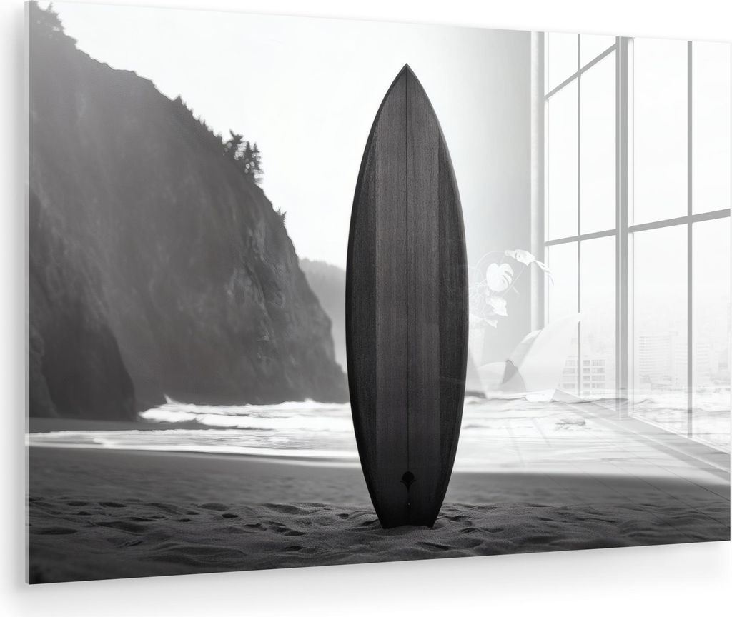 MuchoWow Glasbilder - Bilder auf Wandbild - Foto auf Glas Surfbrett - Sand - Meer 120x80 cm Wanddekoration aus Glas - Acrylglasbild - Acrylbilder -...