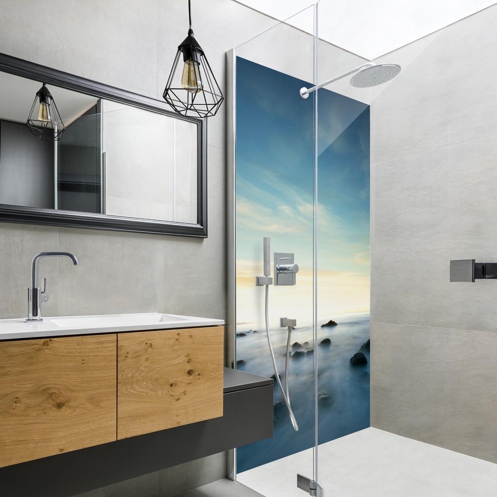 Duschrückwand Natur selbstklebend - 0.61 mm Wandpaneel wasserfest Sonnenuntergang blau Maritim Badrückwand fugenlos Premium matt 90x210 cm