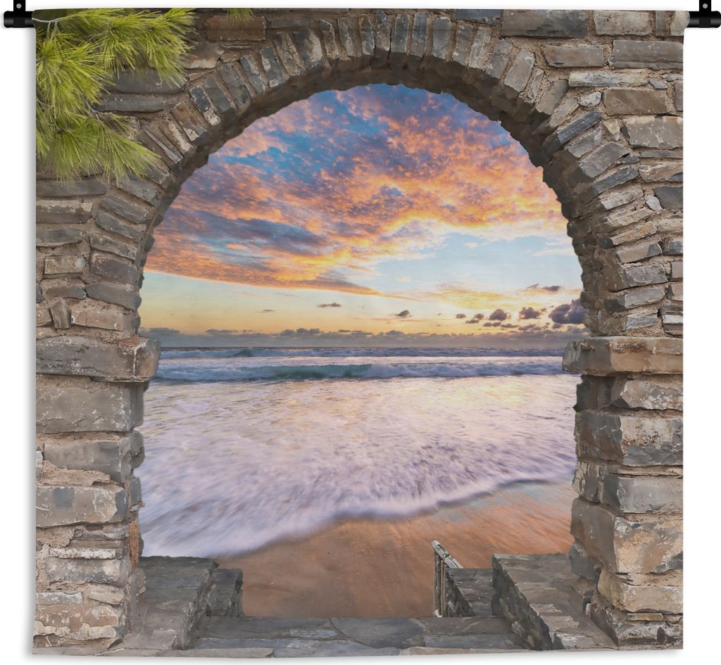 MuchoWow Wandteppich Wandbehang Abend - Meer - Strand - Aussicht 120x120 cm Tapisserie Dekoration Wandtuch - Modern - Baumwollgewebe
