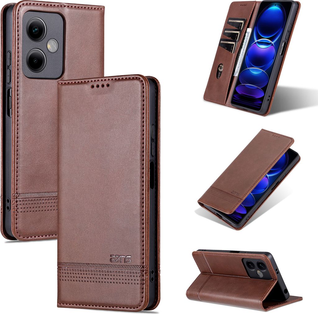 Leder Hülle für Xiaomi Redmi Note 12 5G, Klapphüllen Brieftasche Magnetverschluss Ständer Schutzhülle Kaffee