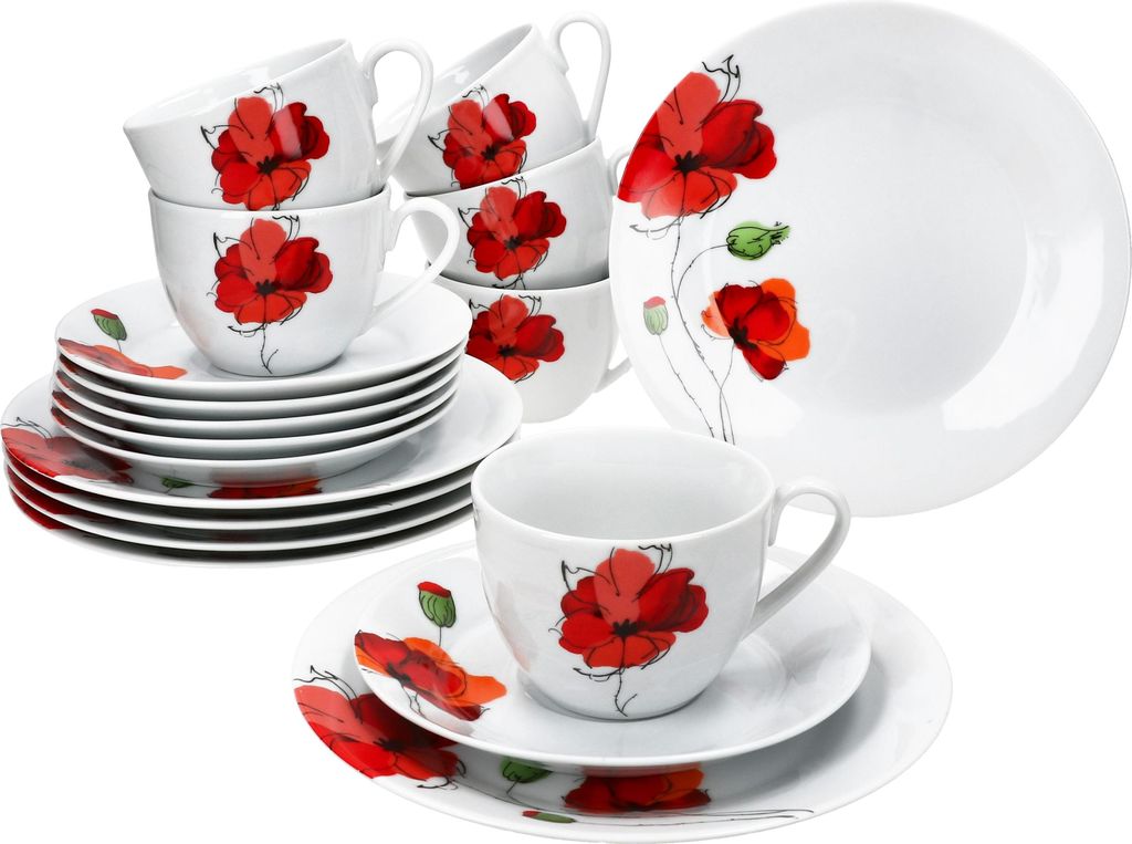 Mona 18tlg Kaffeeservice Porzellan Mohnblüten Tasse Untertasse Teller
