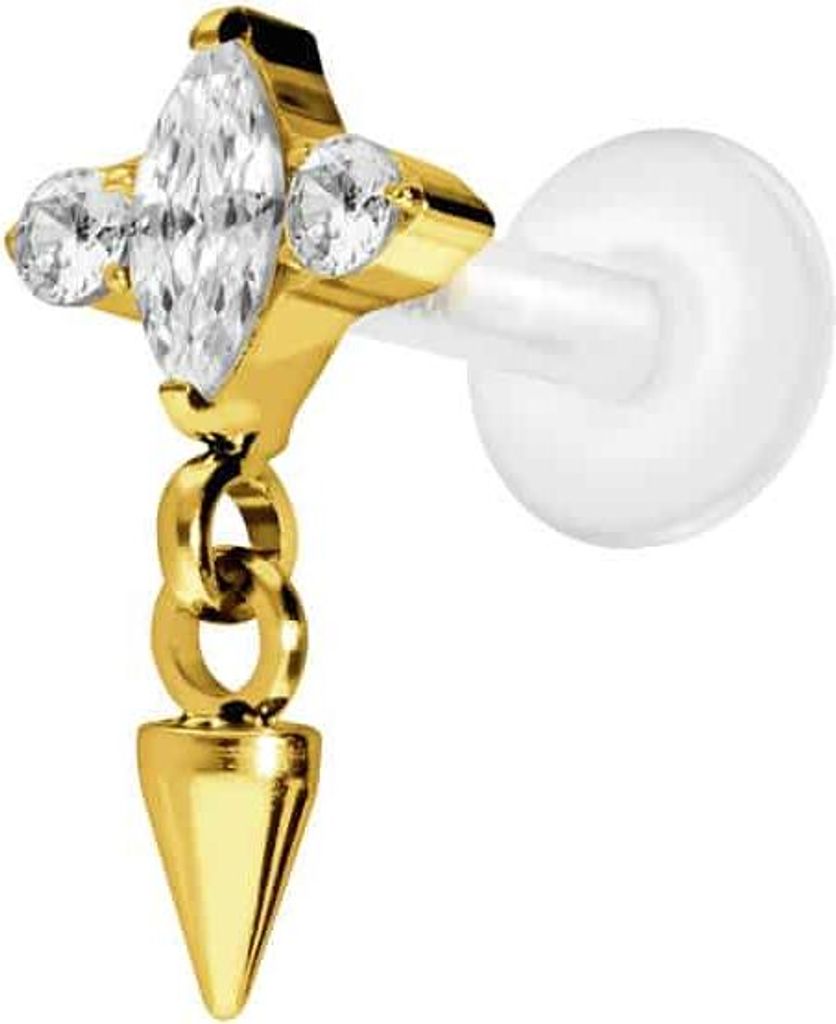 Ohrpiercing, Nasenpiercing PTFE Labret mit Innengewinde + Titan-Aufsatz EINGEFASSTE KRISTALLE + SPITZE Gold Stablänge: 6mm | Stabstärke: 1,2mm