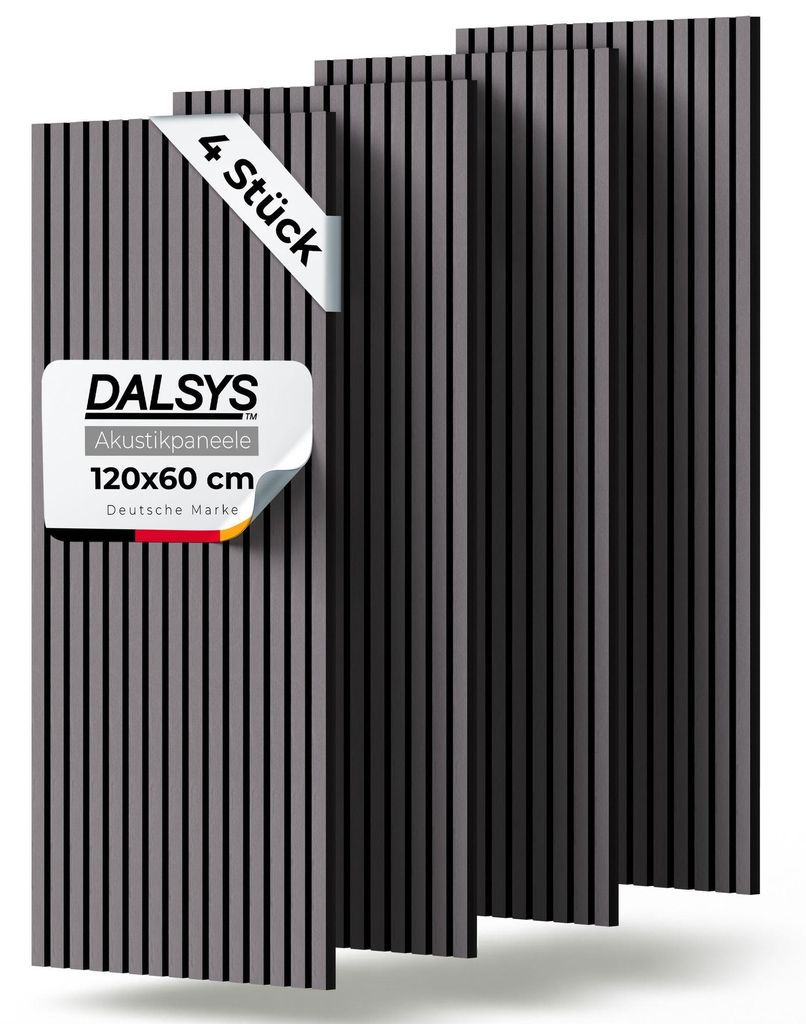 Dalsys 4x Akustikpaneele Holz 120x60cm mit Lamellen Grau - Wandpaneele Holz für Schallschutz in Büro- & Wohnräumen - Akustik Paneele Wand - 3D W...