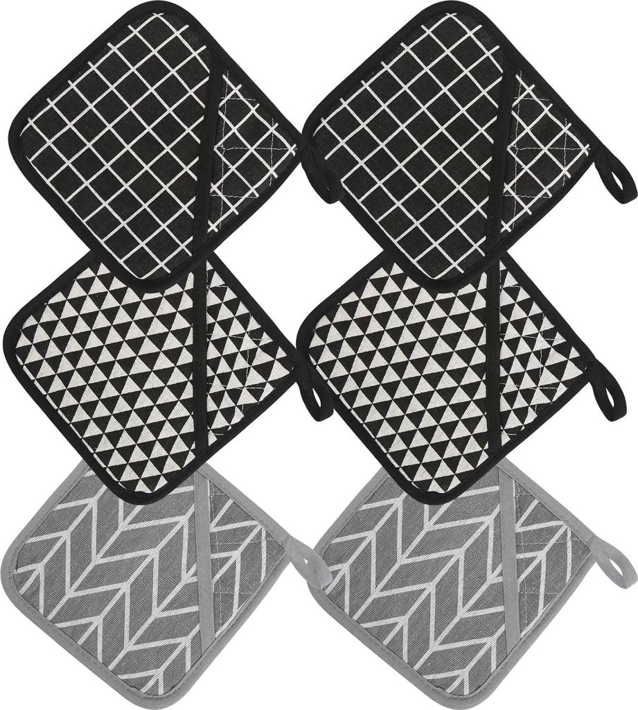 6 Stück Hitzebeständige Topflappen,16x16 cm Waschbar und Trocknergeeignet, Küchenzubehör zum Kochen für Heiße Töpfe Grau und Schwarz