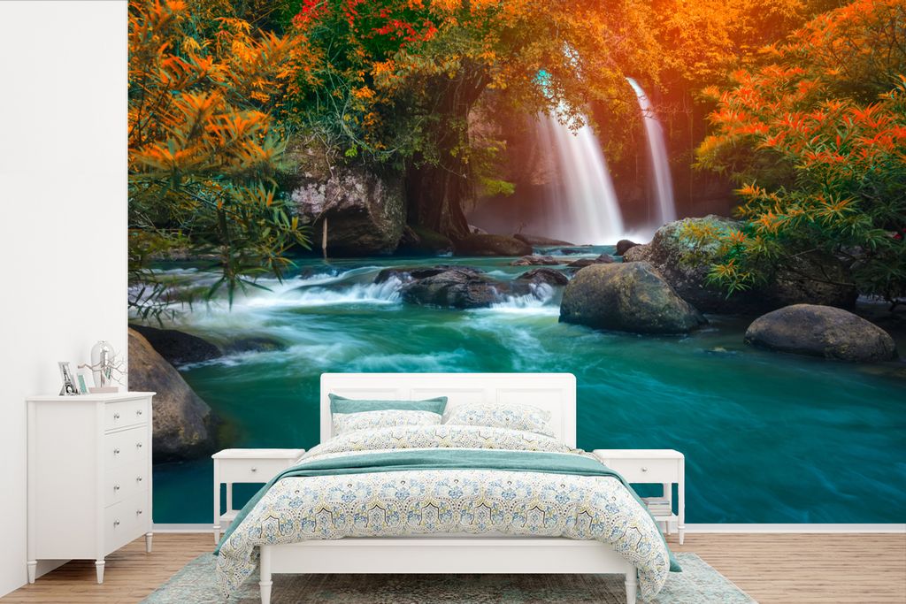 MuchoWow Fototapete für Wohnzimmer oder Schlafzimmer Wandtapete Vinyl Motivtapete Wasserfälle im Herbst im Na Haew National Park in Thailand - ...