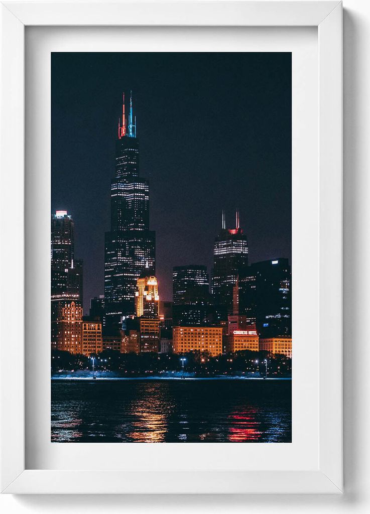 Stadtbild von Chicago– Wandbild mit Rahmen – Gerahmtes Bild – Wanddekoration – 20x30 cm – Weiß