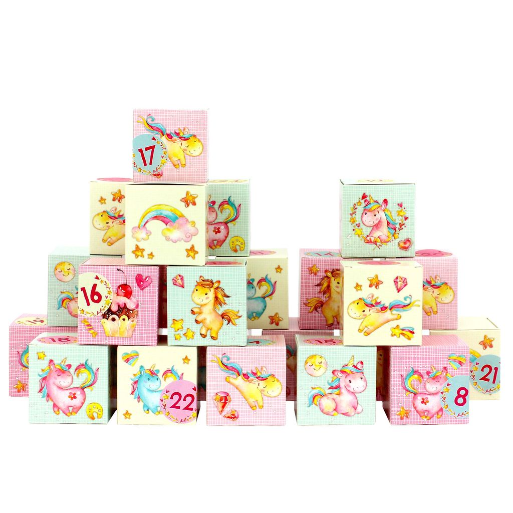 Adventskalender Schachteln - Motiv bunte Einhörner in rosa