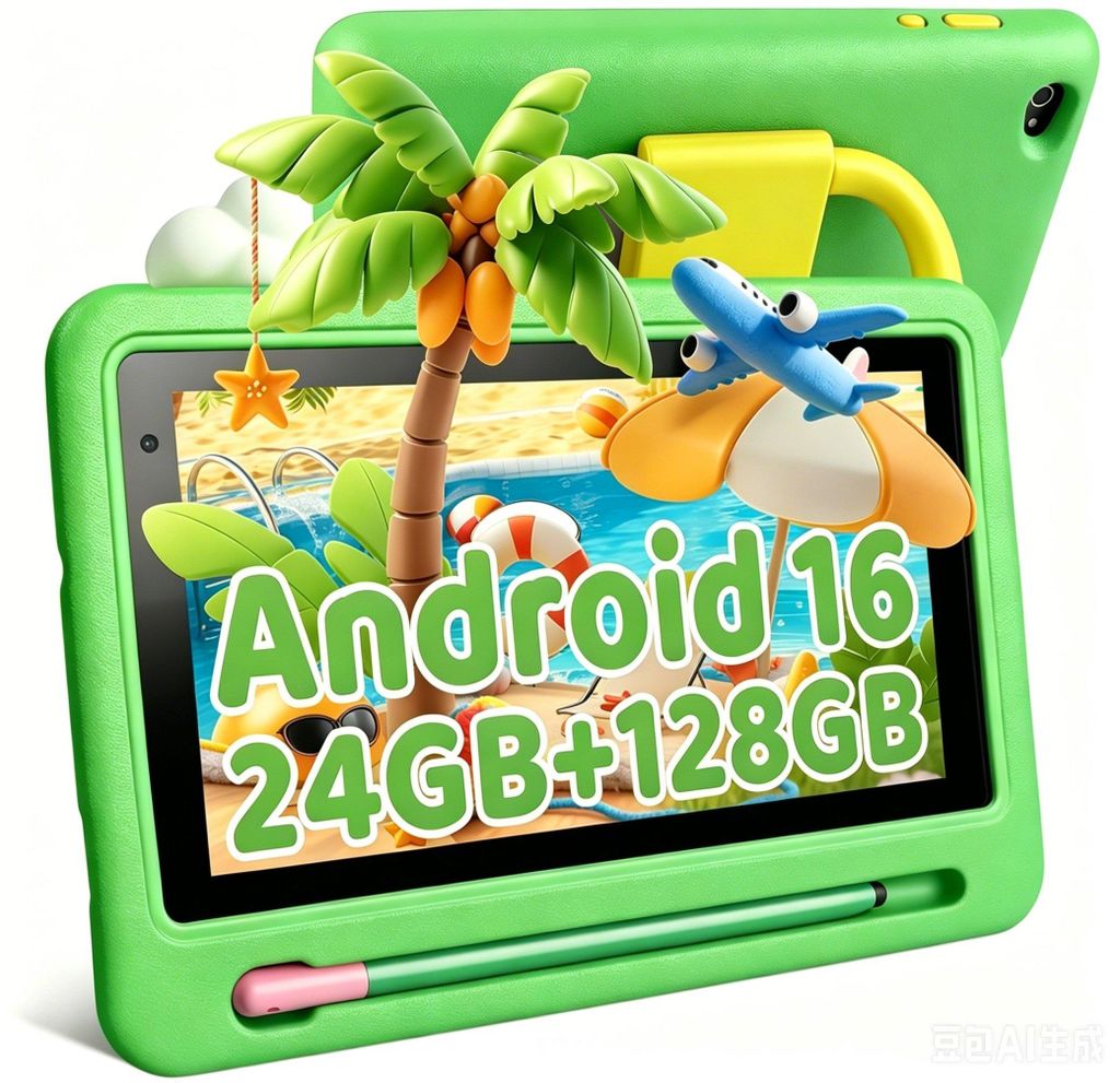 Kinder-Tablet 7 Zoll, 24 GB (2+21 erweiterbar) RAM 128 GB ROM, Android 16, WiFi Bluetooth, Lernsoftware installiert, mit stoßfester Hülle