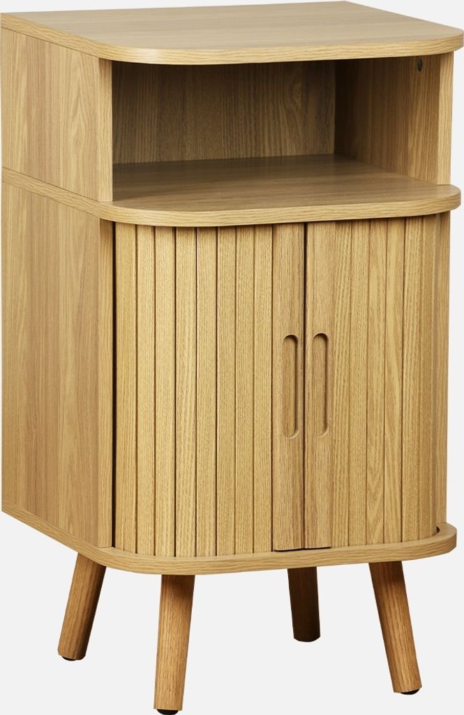 A wooden nightstand with two doors and an open shelf above.