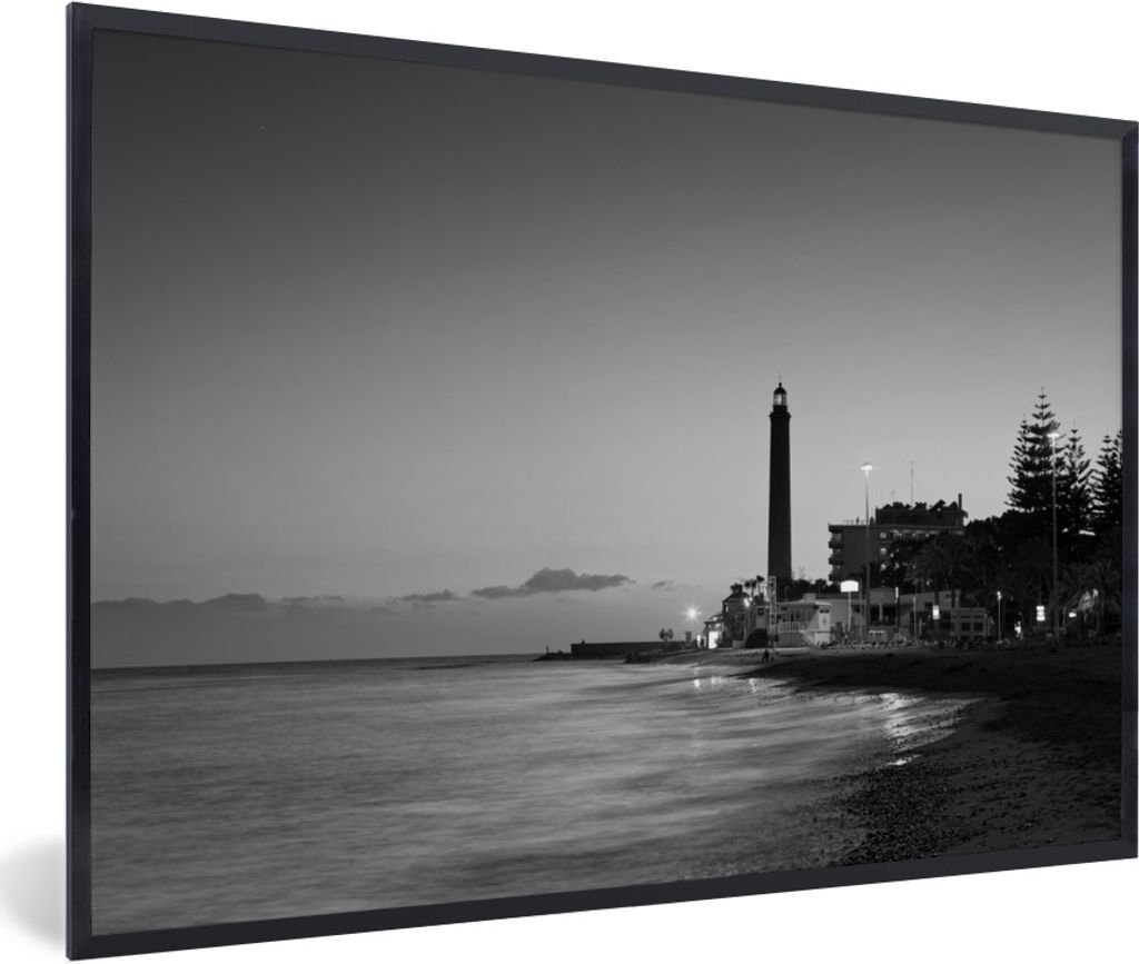 MuchoWow Gerahmtes Poster Der Leuchtturm von Maspalomas auf Gran Canaria - schwarz und weiß 60x40 cm - Poster mit Schwarzem Bilderrahmen Wandpos...