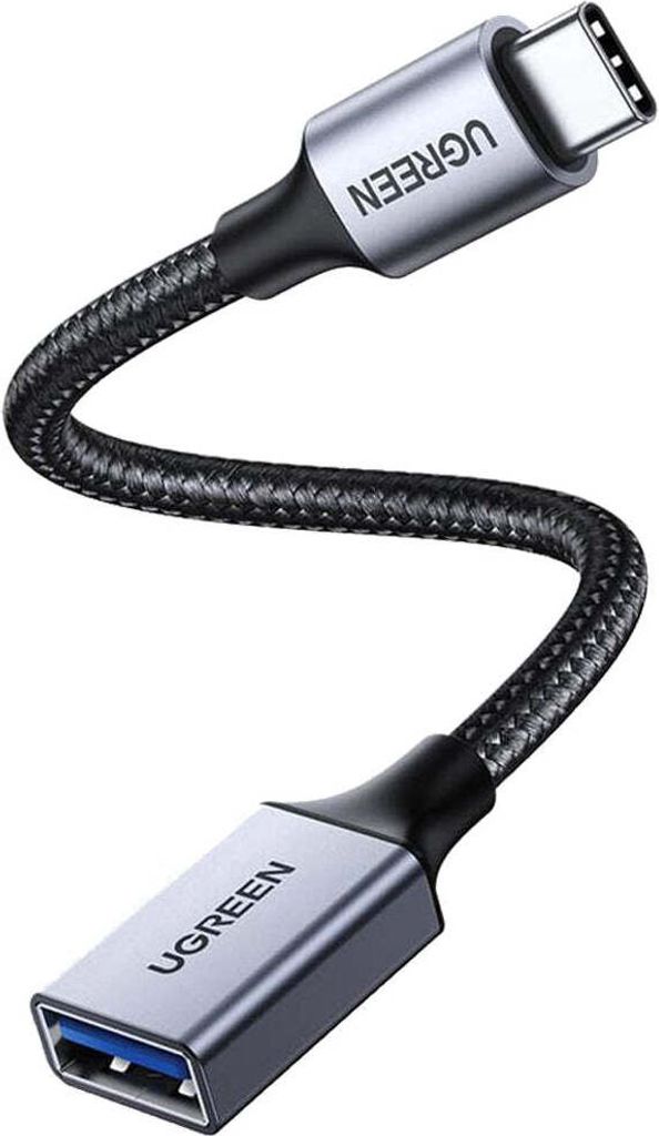 A studio shot of a USB-C to USB-A OTG adapter cable.