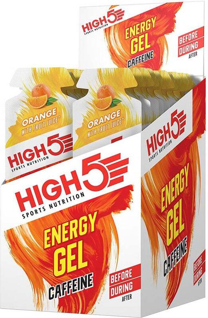 HIGH5 – Energy Gel mit Koffein – Energiegel mit Kohlenhydraten – Isotonisches Sportgel – Orangengeschmack – Laufen & Radfahren – 20 x 40 g