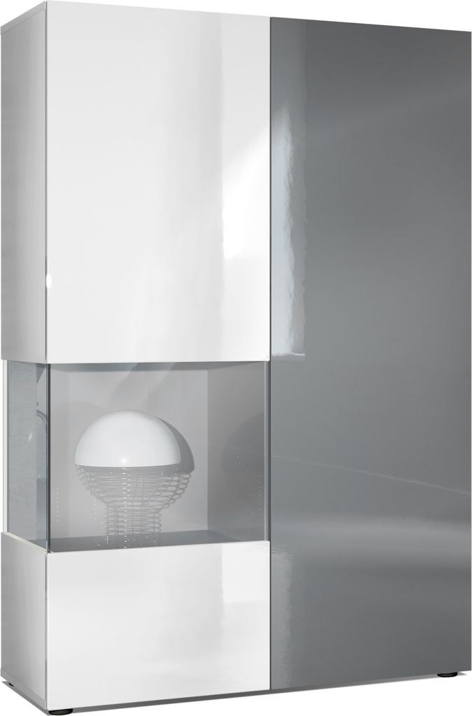 Vladon Vitrine Kommode Hochschrank Morena, Germany, Korpus in Weiß matt / Rechte Tür und der Einsatz in Grau Hochglanz