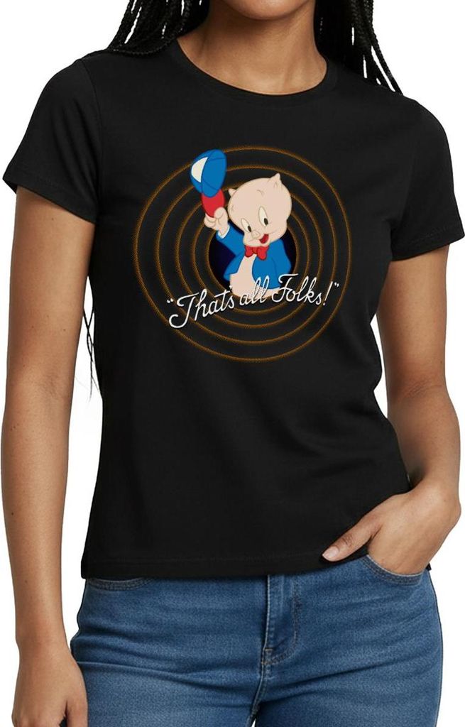 Spreadshirt Looney Tunes Schweinchen Dick Thats All Folks Frauen T-Shirt, M, Schwarz