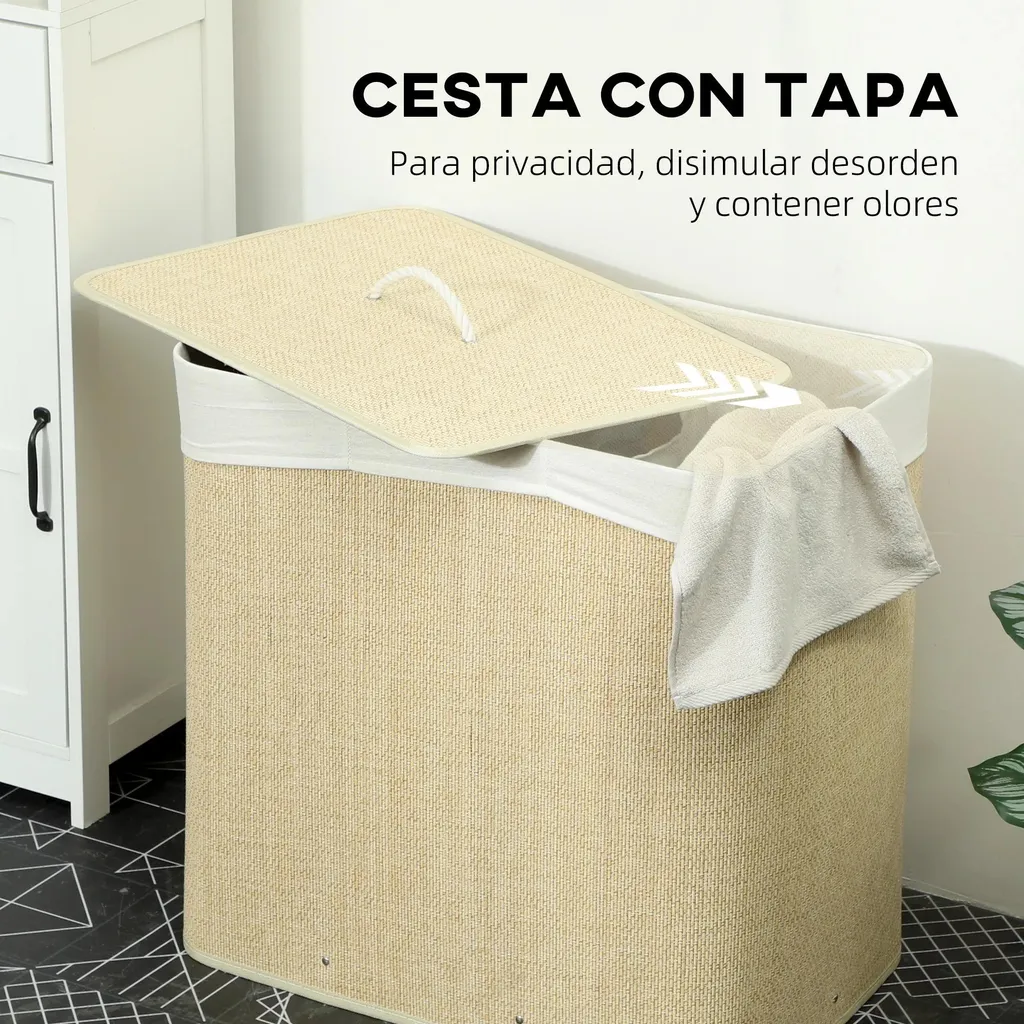Coffre à linge triple compartiment en bambou blanc 144L sac amovible