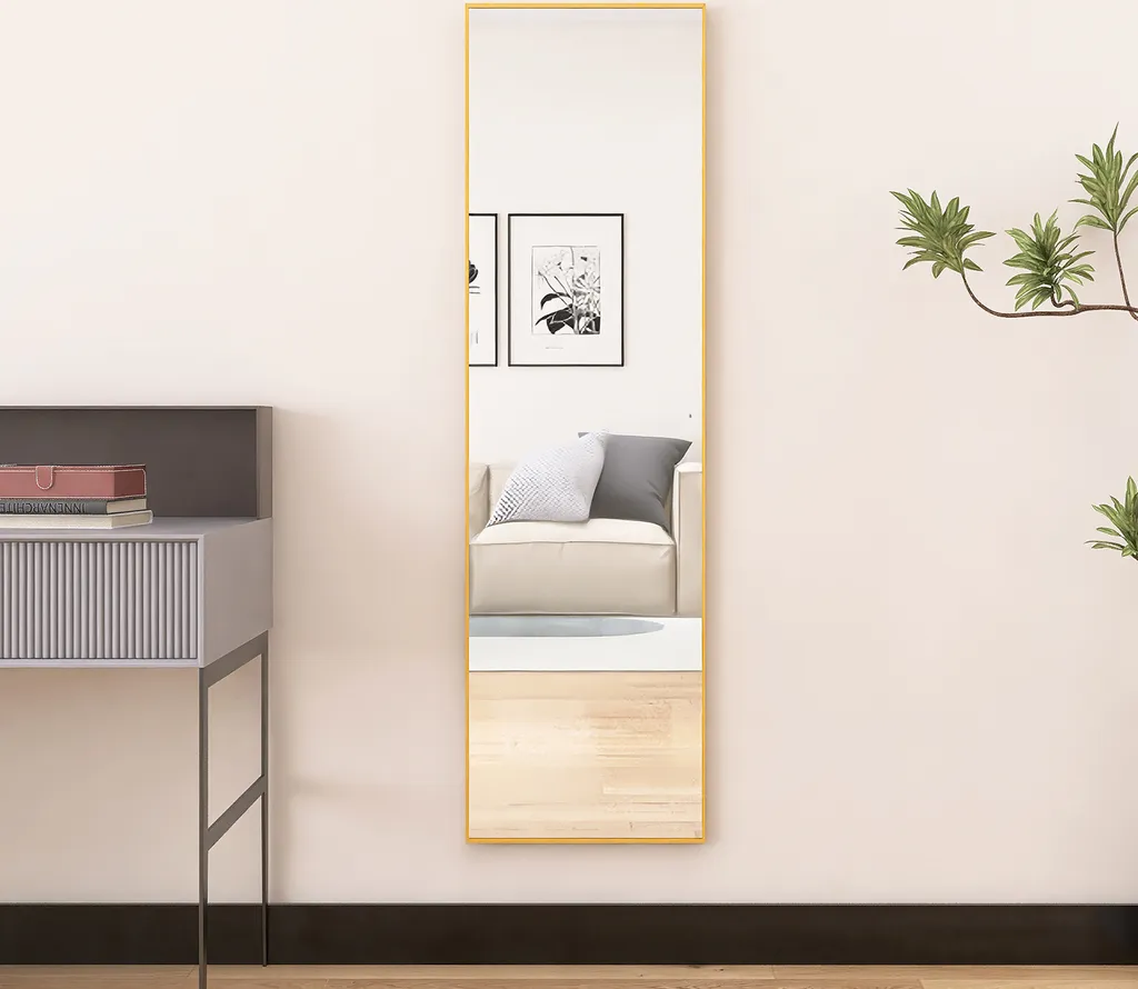 Fortuna Lai specchio da terra 140x40cm, specchio rettangolare a figura intera con cornice in metallo dorato, specchio HD per spogliatoio o soggiorno