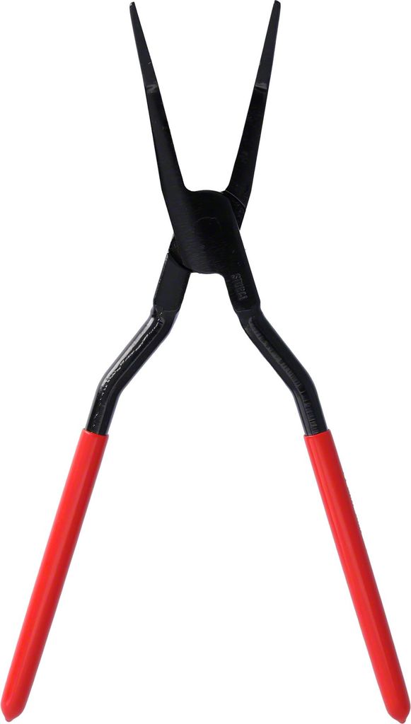 A pair of black pliers with red handles against a white background.