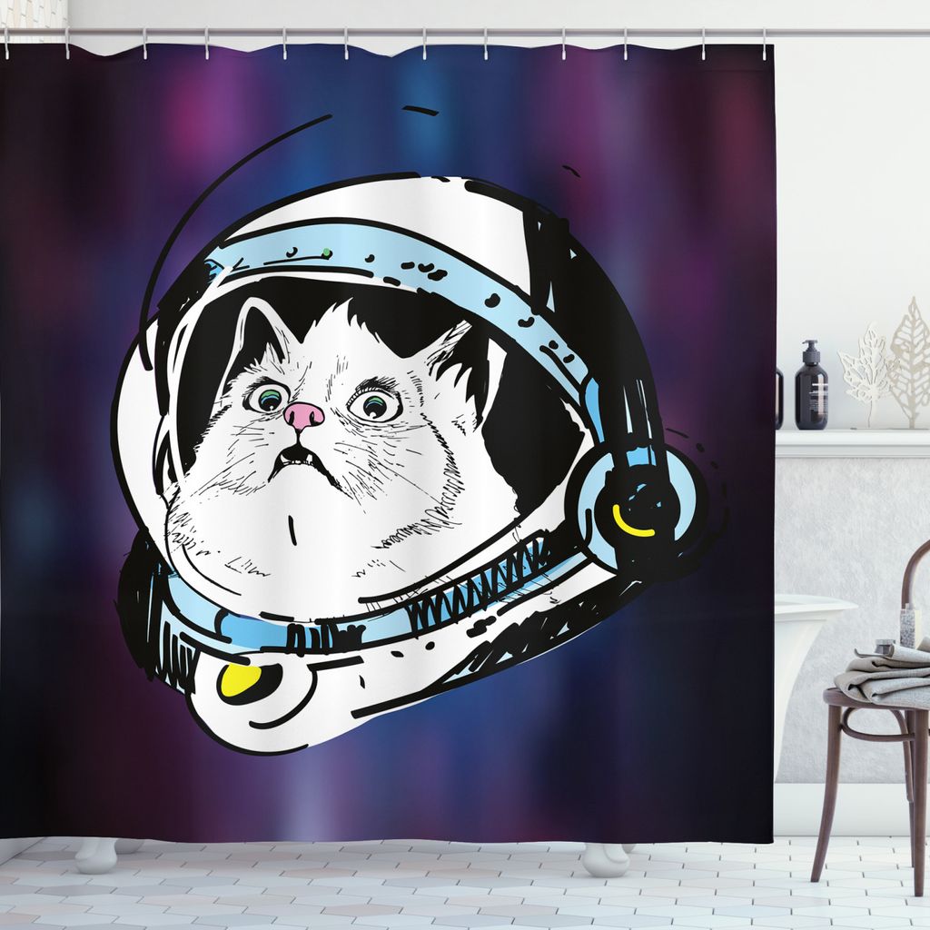 ABAKUHAUS Weltraum Duschvorhang, Kitten Astronaut Cosmic, Hochwertig mit 12 Haken Set Pflegeleicht Farbfest Wasser Bakterie Resistent, 175 x 180 cm...