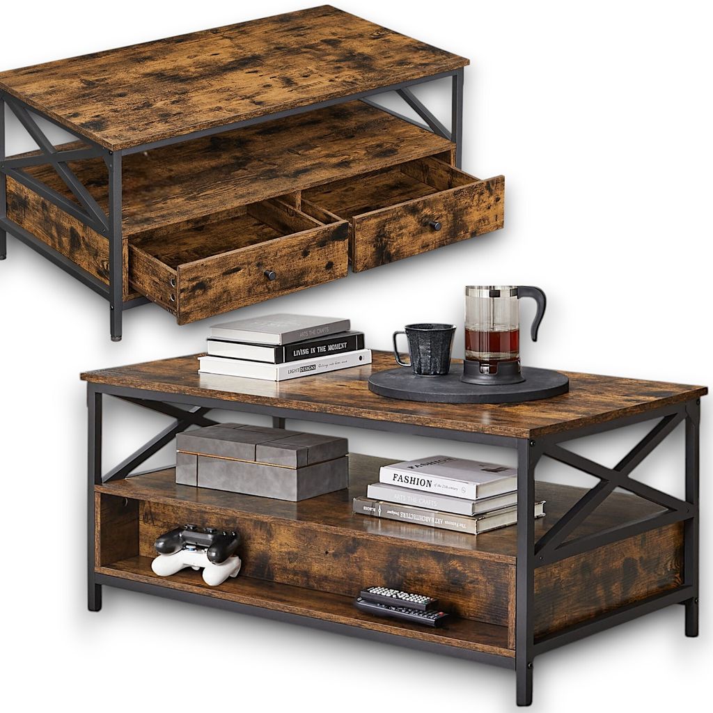 Couchtisch 100x55x45cm im rustikalen Stil mit Stauraum, Kaffeetisch mit Ablage, X-förmige, Stubentisch mit 2 Schubladen, vintagebraun-schwarz