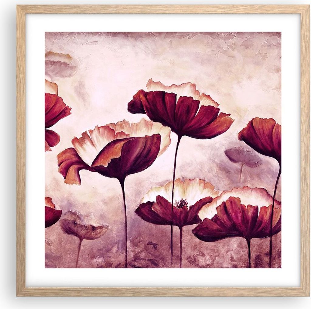 Gerahmtes Poster - Rahmen in heller Eiche - Mohn Blume Wiese - 50x50 cm - Wand Bild - Wanddeko - Wandbilder - Kunstposter - Wandposter - Bilderrahm...