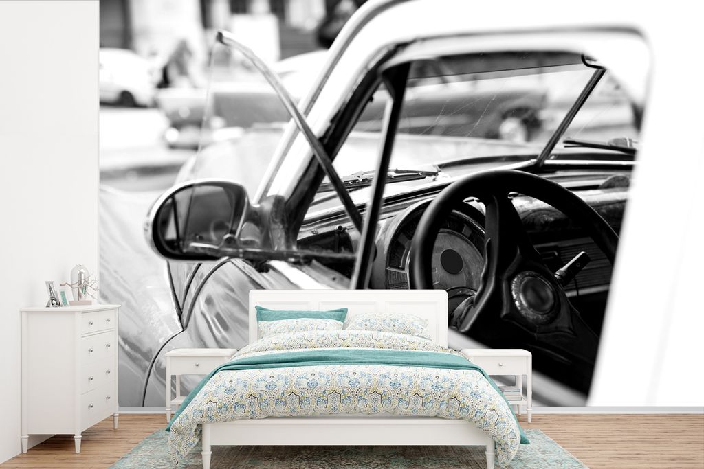 MuchoWow Fototapete für Wohnzimmer oder Schlafzimmer Wandtapete Vinyl Motivtapete Eine Nahaufnahme der Seite des kubanischen Oldtimers - schwarz...